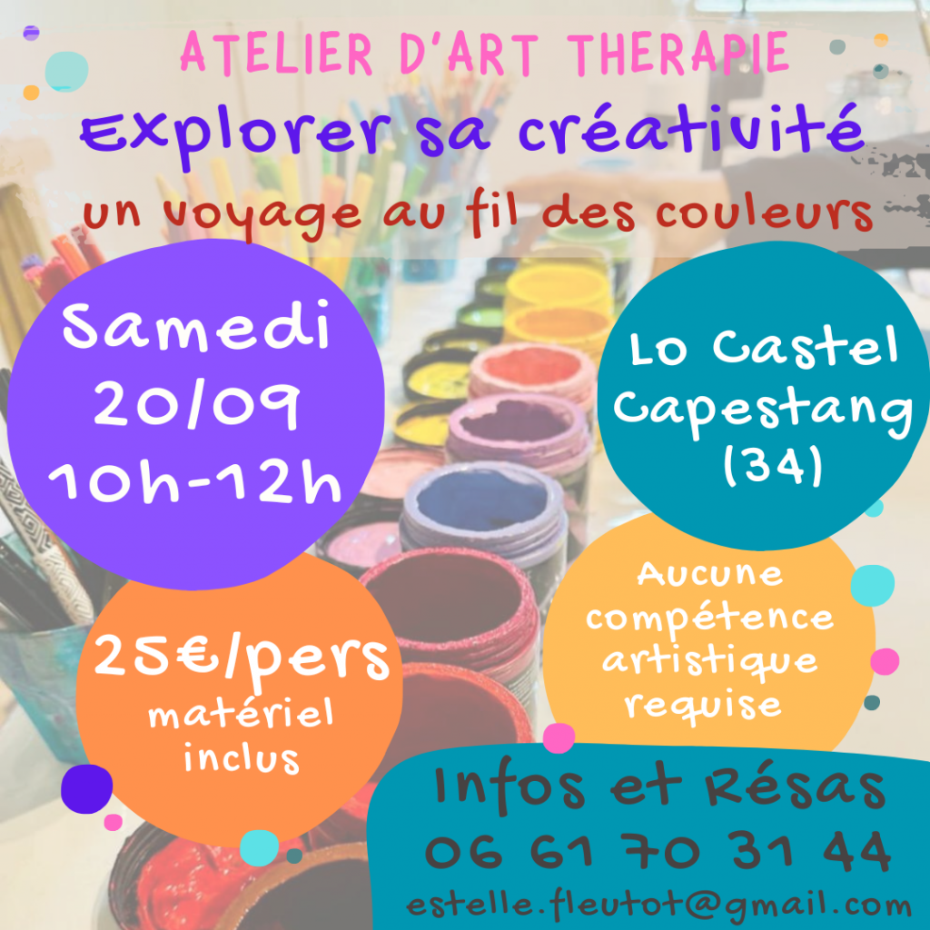 affiche de l'atelier d'art-thérapie explorer sa créativité du samedi 20 septembre à Lo Castel Capestang 