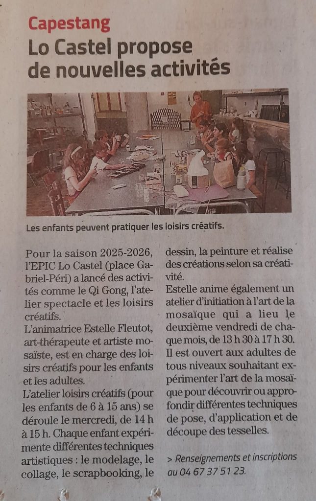 article de journal décrivant les nouvelles activités créatives que je propose à Lo Castel à Capestang.