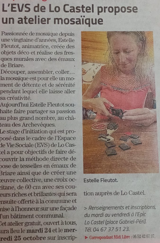 article de presse décrivant un atelier de mosaïque que je propose