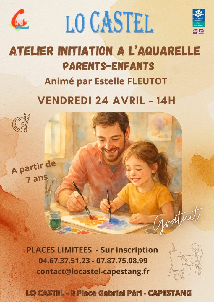 affiche pour l'atelier d'initiation à l'aquarelle où l'on voit un père et sa fille en train de peindre