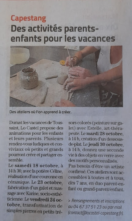article de presse parlant des ateliers parents/enfants qui auront lieu pendant les vacances scolaires de la Toussaint