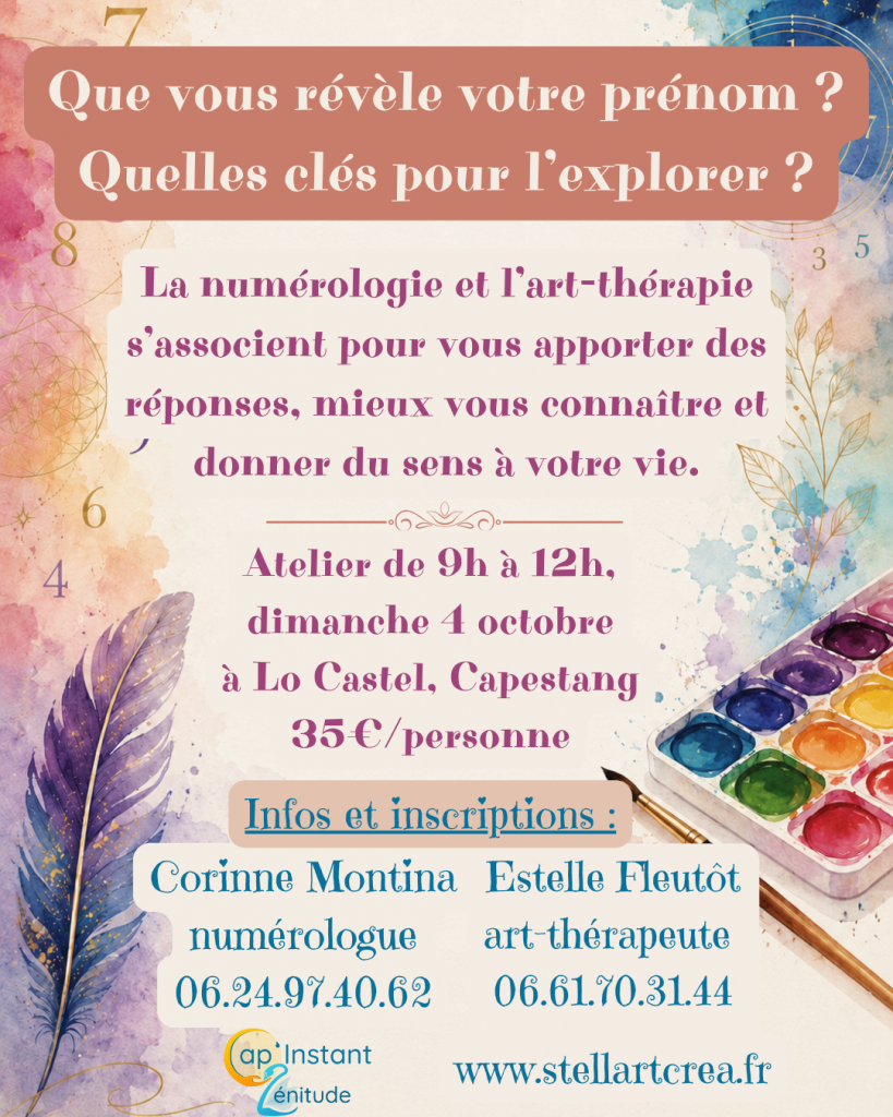 affiche atelier de numérologie et d'art thérapie que j'animerai le dimanche 4 octobre à Capestang
