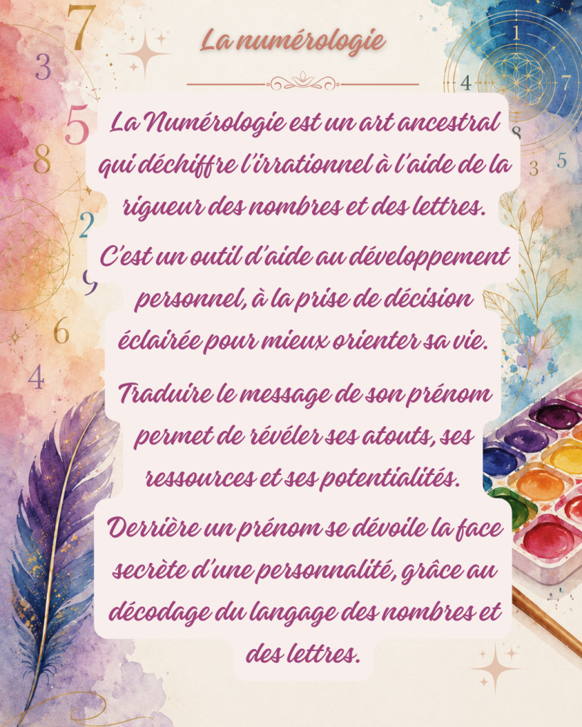 affiche atelier de numérologie et d'art thérapie que j'animerai le dimanche 4 octobre à Capestang. Description de la numérologie