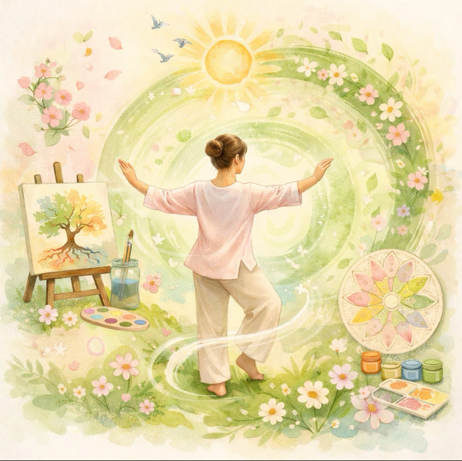 image femme pratiquant le qi gong en pleine nature et matériel de création autour