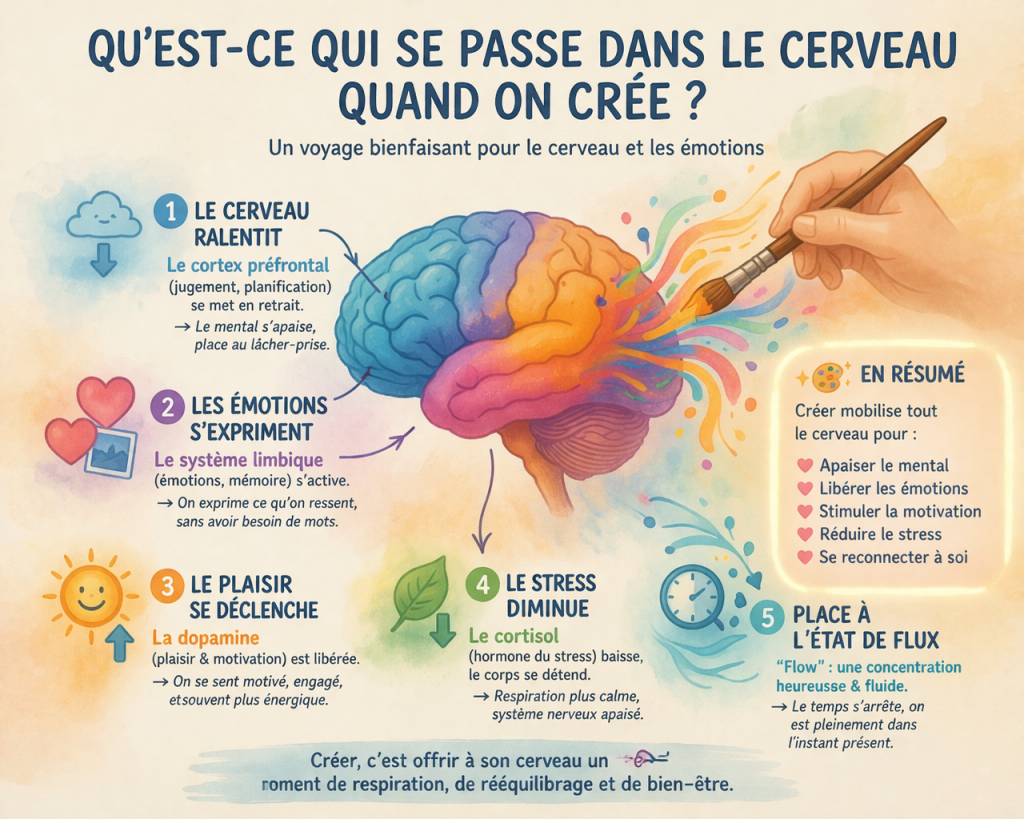 image d'un cerveau avec des couleurs pour illustrer l'article : que se passe t il dans notre cerveau lorsque l'on crée 