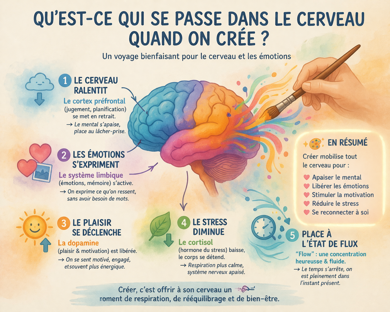 image d'un cerveau avec des couleurs pour illustrer l'article : que se passe t il dans notre cerveau lorsque l'on crée