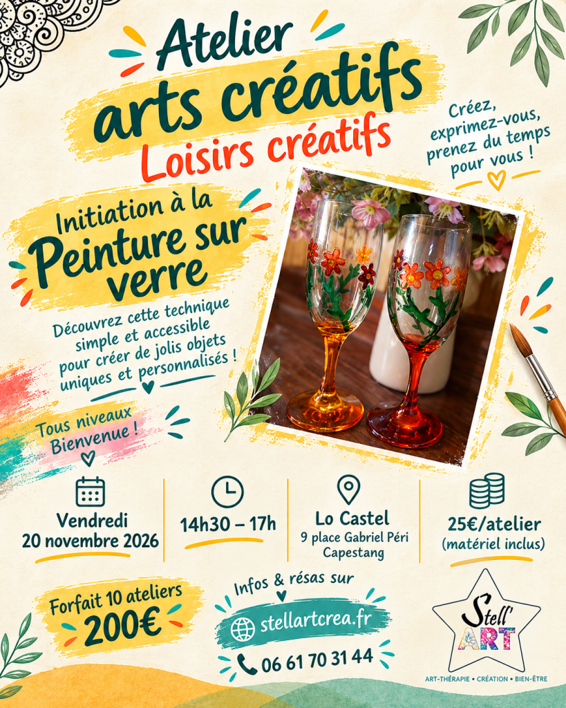 affiche d'un atelier de peinture sur verre que j'anime , il y a deux flutes peintes avec des fleurs un pinceau et toutes les informations nécessaires