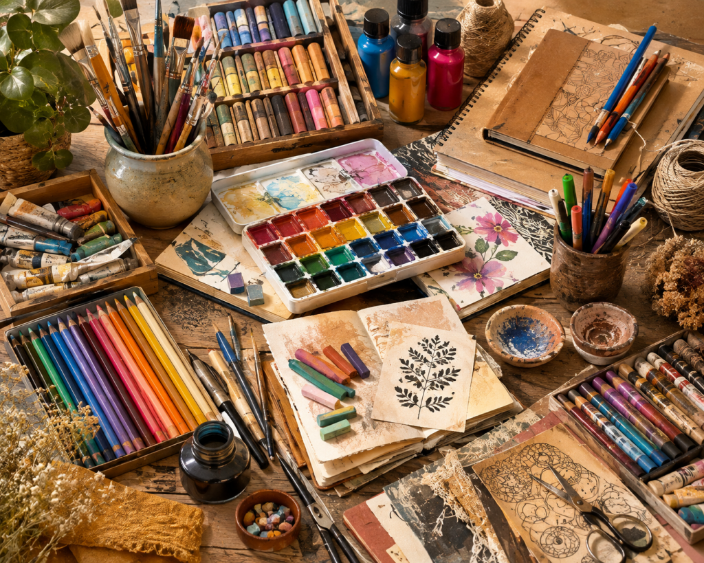 il s'agit d'une image représentant du matériel créatif divers et variés, des crayons, de la peinture, etc.
