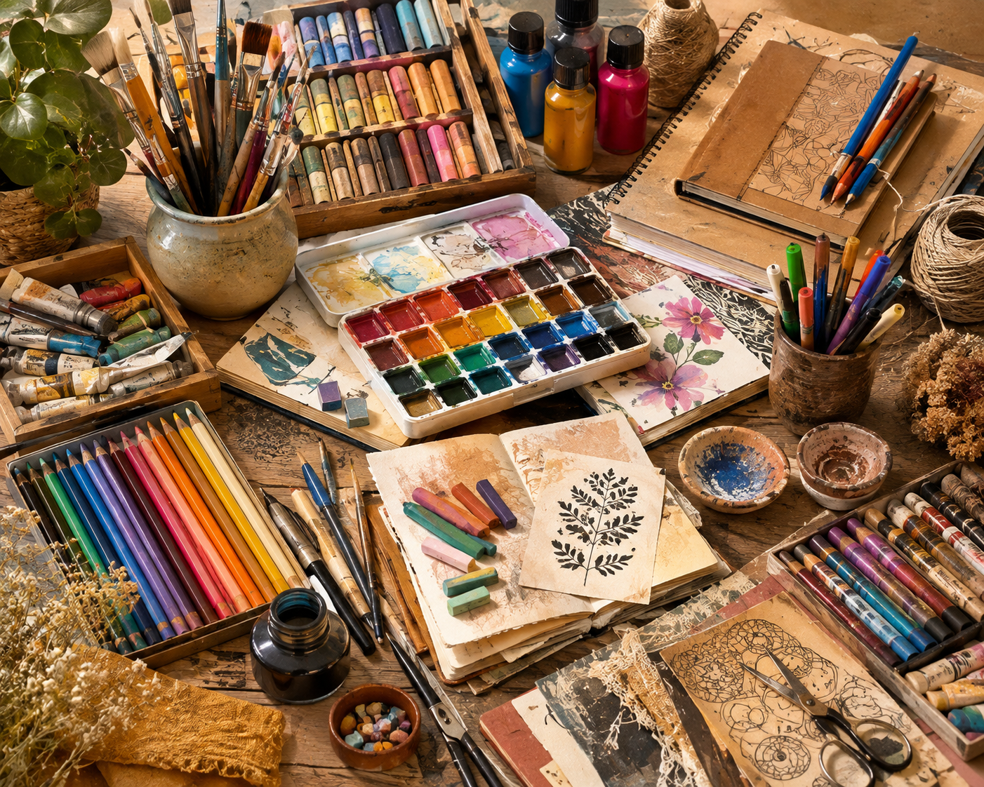 image représentant du matériel créatif variés : des crayons, de la peinture, etc.