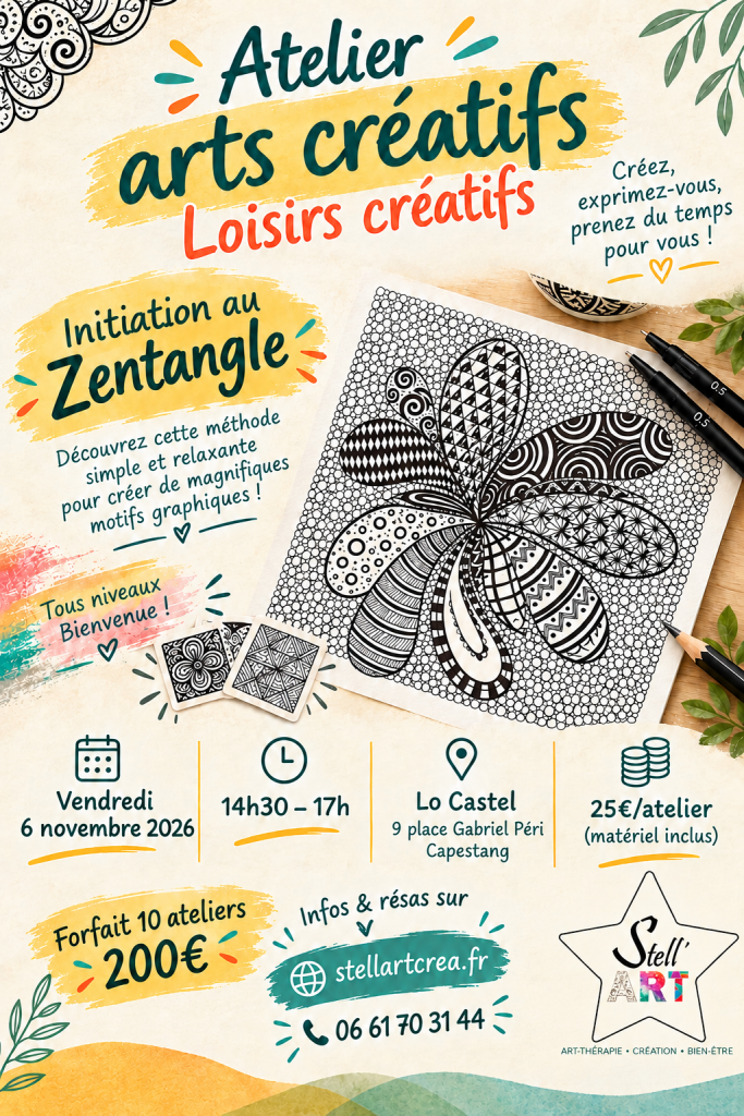affiche d'un atelier sur le zentangle ou dessin zen que j'animerai le 6 novembre prochain